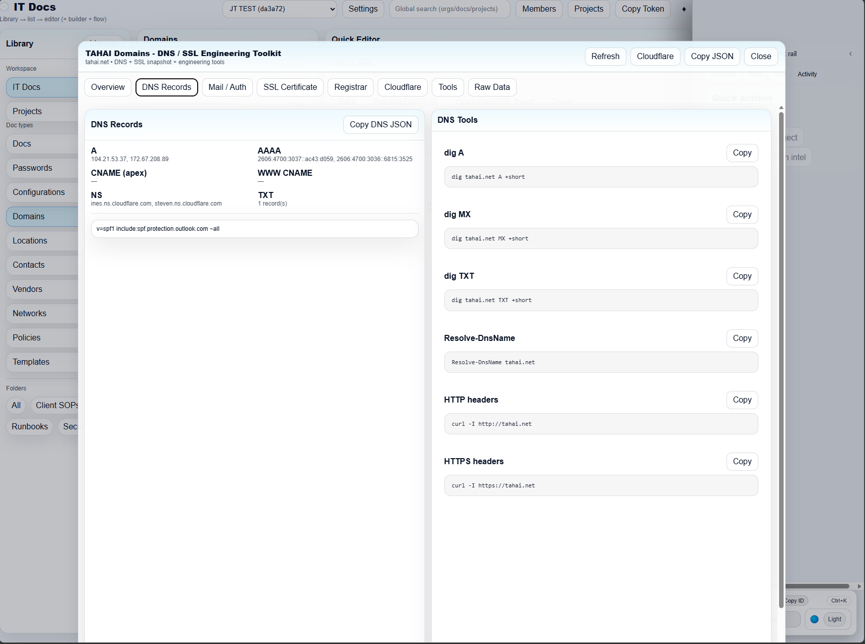 Light theme network and DNS command consoles inside TAHAI IT Docs.