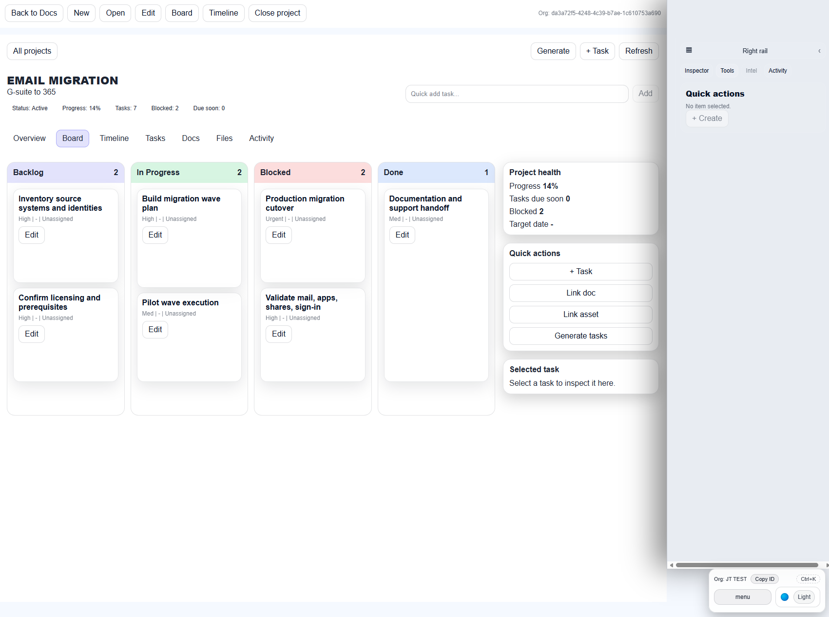 Light theme project board in TAHAI IT Docs.